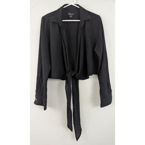 Rachel Zoe sz XL Linen Blend Crop Tie front Top black long sleeve shirt 1812